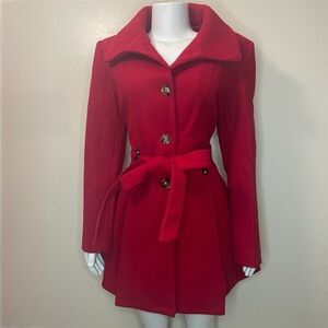 Red single breasted lapel collar A-line pleated flare belted pea coat